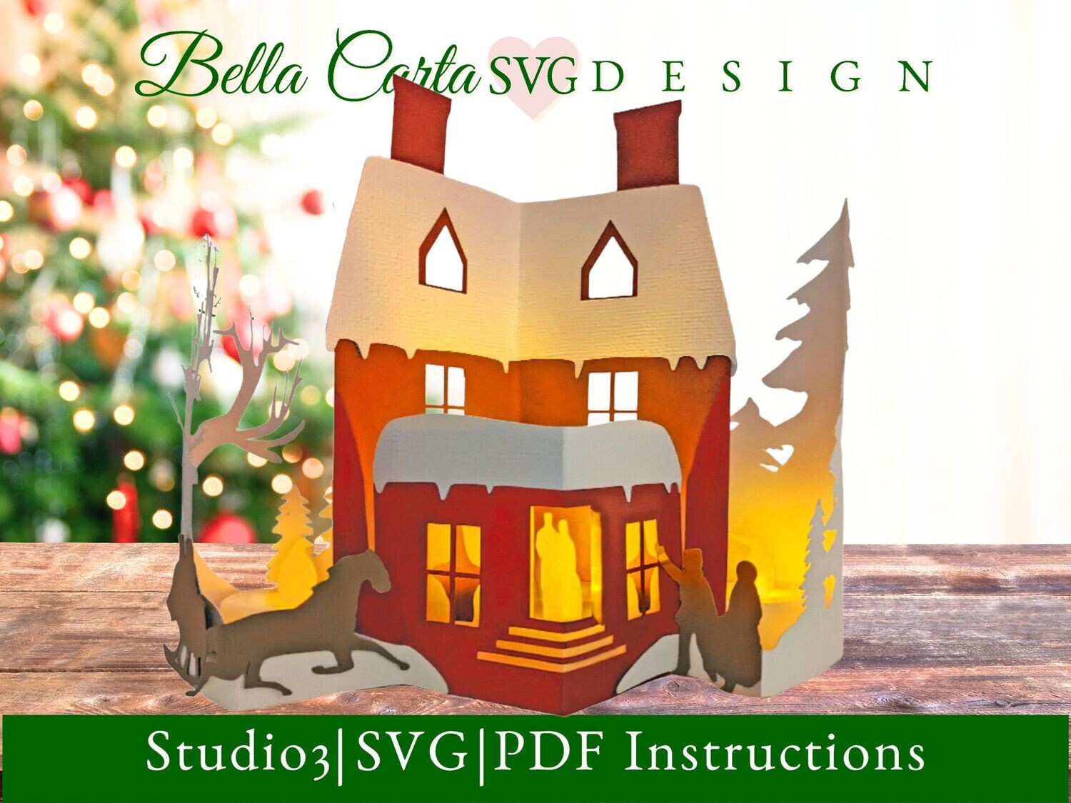 3-dimensional card depicting an old-fashioned farmhouse with people coming to a Christmas party made with a Cricut.