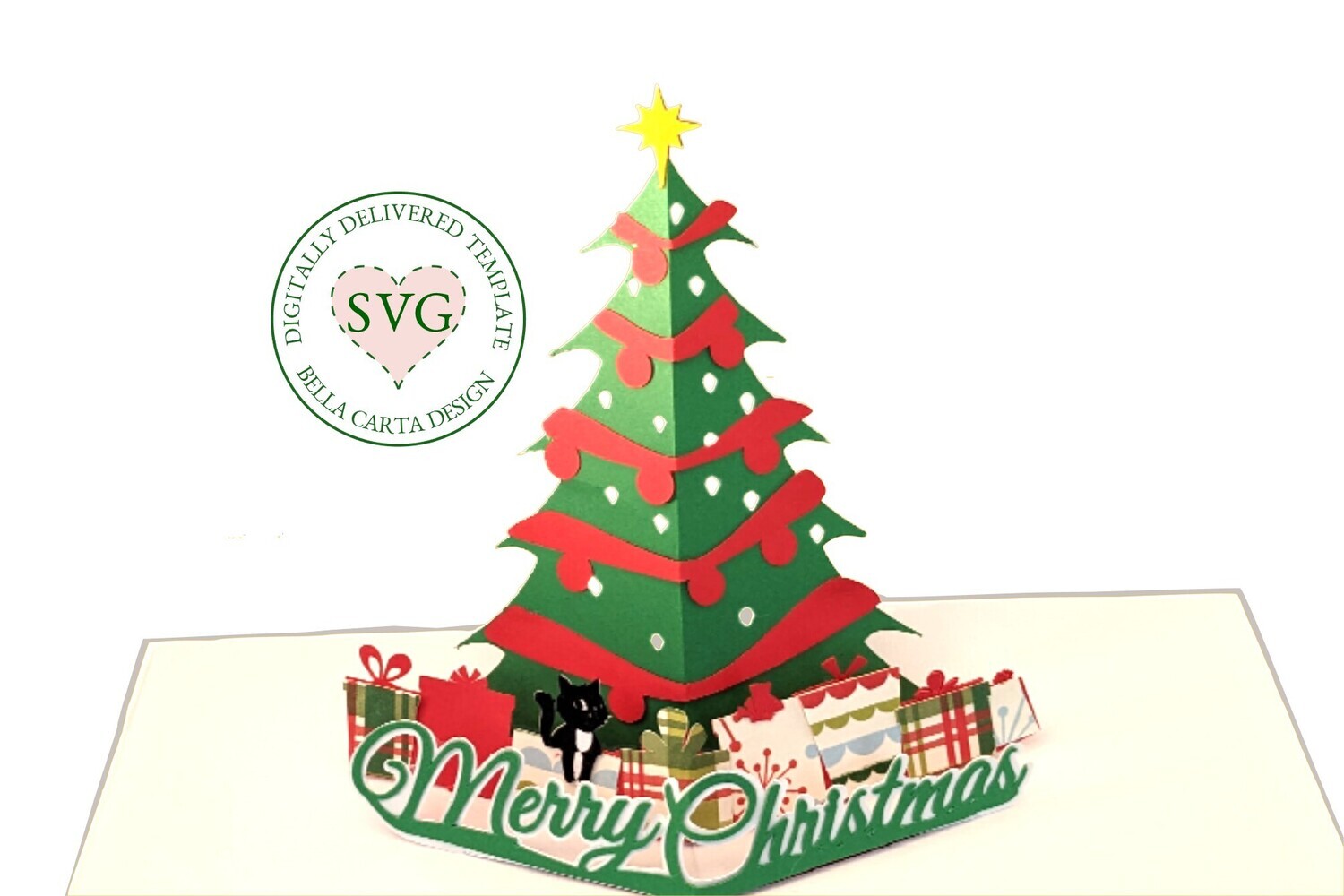Create a beautiful pop-up Christmas Tree Card with this SVG template and your Cricut. This digital template makes a 5 X 7-inch card featuring a pop-up ​Christmas tree with gifts and a little cat underneath and the words &quot;Merry Christmas&quot;. 