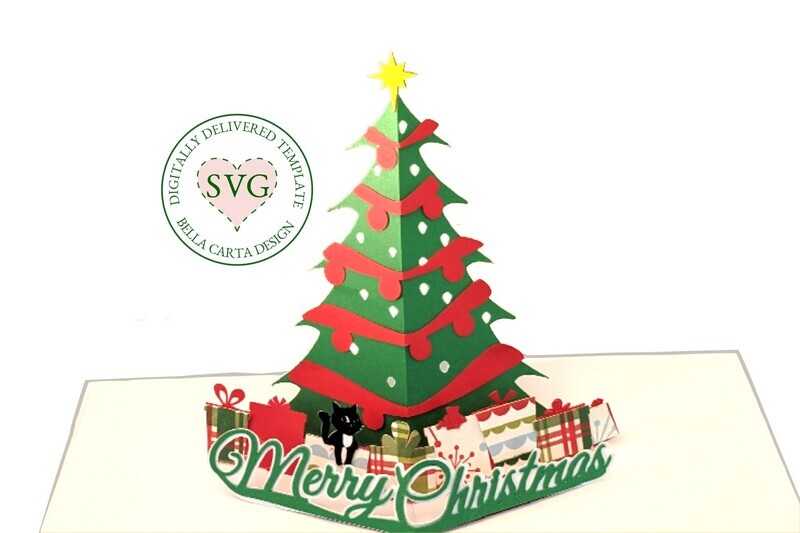 Create a beautiful pop-up Christmas Tree Card with this SVG template and your Cricut. This digital template makes a 5 X 7-inch card featuring a pop-up ​Christmas tree with gifts and a little cat underneath and the words &quot;Merry Christmas&quot;. 