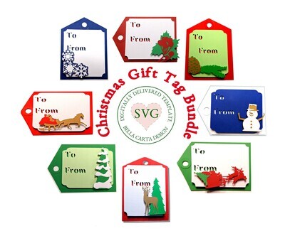 Make your own Christmas gift tags with this 3D SVG template bundle. Instantly download this digital template bundle and use your Cricut, Silhouette or other cutting machine . Makes eight 3 by 4 inch 3D Vintage style Holiday tags: 1 - Pinecone on Pine Bow gift tag; 2 - One-Horse Open Sleigh gift tag; 
3 - Snowflakes gift tag; 4 - Christmas Tree gift tag; 5 - Jolly Snowman gift tag; 6 - Reindeer gift tag; 7 - Santa's Sleigh gift tag; 8 - Holly gift tag