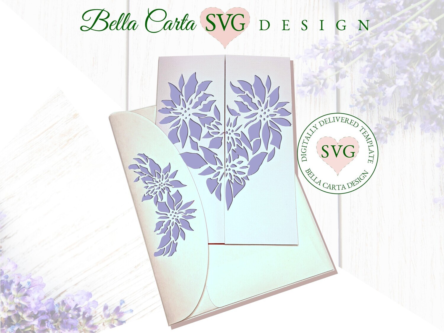 Create a unique DIY card or wedding invitation using this digital SVG template. Instantly download this digital Gate Fold Card template that features a heart made of flowers.