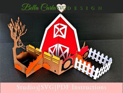 3D SVG template for Cricut that makes a charming red barn accompanied by a tractor pulling a trailer filled with pumpkins,  Autumn trees and a classic white picket fence. The template includes a matching pumpkin-themed A7 envelope.