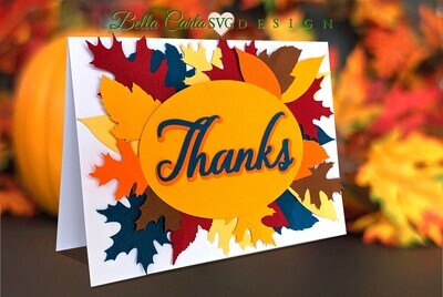 3D SVG Cricut card project, showing a beautiful arrangement of colorful Autumn leaves, elegantly framing a simple “Thanks” message. Inside the card is blank so that you can write your own personalized words of appreciation.  It comes with a custom A7 Fall themed envelope template.