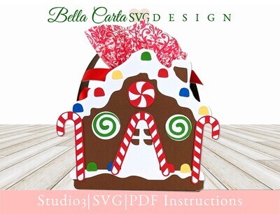 3D SVG template for a Christmas Gingerbread house Basket for Cricut, Silhouette, or other cutting machines. With its playful design, decorated with lots of colorful candy, it makes a whimsical holiday gift box for a special kid. Fill it with a few pieces of candy ­or small toys, and create a fun surprise for your loved ones this holiday season.