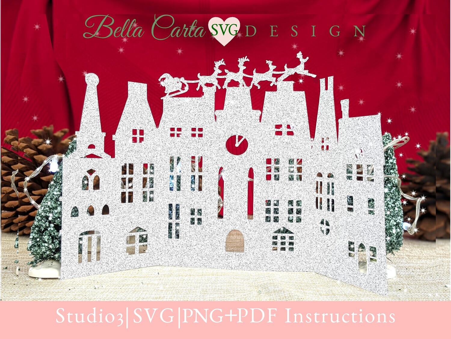 Finished 3D Christmas card using an SVG template with a Cricut or Silhouette is in the shape of a Victorian village at midnight when Santa and his reindeer fly over, delivering presents to all the children.   Shown here in silver glitter cardstock.