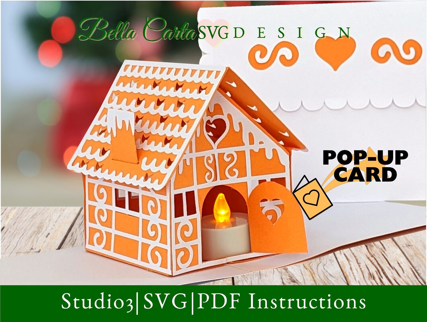 Finished Gingerbread House Pop-up Card made with  a 3D SVG template for Cricut, Silhouette, and other cutting machines decorated with intricate &quot;icing&quot; details and an LED tealight inside the door to make it glow. The front of the card features a cut-out image of a gingerbread house and the message Sweet Wishes. 