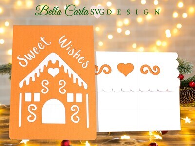Finished Gingerbread House Pop-up Card made with  a 3D SVG template for Cricut, Silhouette, and other cutting machines. The front of the card features a cut-out image of a gingerbread house and the message Sweet Wishes. 