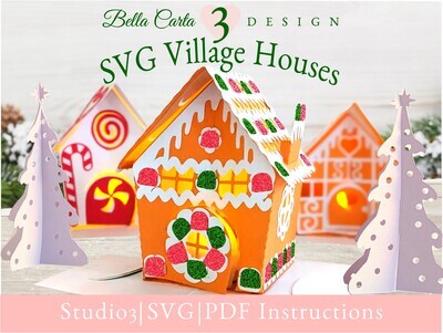 Finished 3D SVG Cricut project of a Christmas Village decorated with treats: gingerbread, candy canes and gumdrops.  Each village house has an LED tealight inside the door to make it glow.The house in the front is the Gumdrop Cottage.