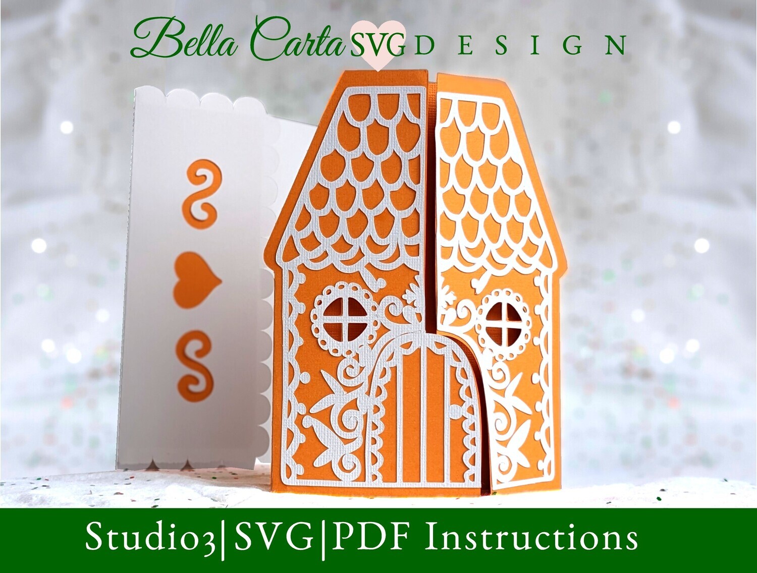 Gingerbread House Card or Invitation made with a 3D SVG for Cricut and Silhouette. It features intricate icing decorations and is shaped like a charming gingerbread house with a gate-fold door. 
