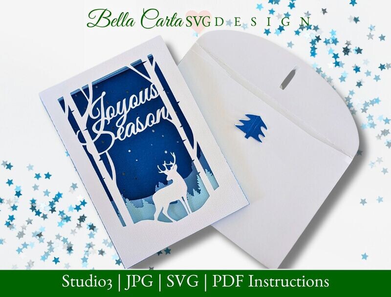 3D SVG template for a four-panel Christmas card designed for Cricut and other cutting machines. This simple card gives the illusion of a layered artwork. It features a deer among birch trees, tree-topped mountains set against a peaceful snowy background, and the words Joyous Season.