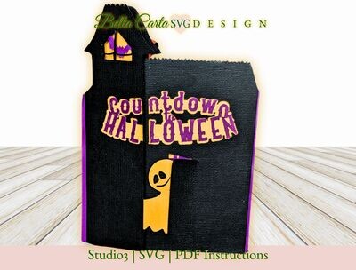 Craft an interactive card that counts down the days to Halloween with this spooky and playful project for your Cricut or Silhouette. Measuring 5 inches wide by 7 inches tall, this gatefold card takes the shape of a haunted house, complete with a playful ghost peeking behind the front door, inviting you to step inside. The outside of the card proudly displays the words Countdown to Halloween, and as you open it up, you will discover 31 individually numbered windows. Each day, open a window to reveal a different surprise Halloween image lurking inside.