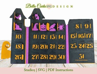 Craft an interactive card that counts down the days to Halloween with this spooky and playful project for your Cricut or Silhouette. Measuring 5 inches wide by 7 inches tall, this gatefold card takes the shape of a haunted house, complete with a playful ghost peeking behind the front door, inviting you to step inside. The outside of the card proudly displays the words Countdown to Halloween, and as you open it up, you will discover 31 individually numbered windows. Each day, open a window to reveal a different surprise Halloween image lurking inside.