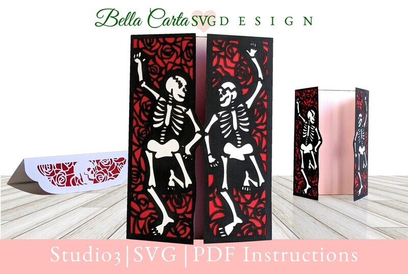 Create a unique gothic skeleton SVG card for someone for Halloween or dia de los Muertos with this digital Cricut project template. Instantly download this digital SVG file and make it yourself with your Cricut, Silhouette, or other cutting machine. This gate-folded card depicts two skeletons dancing against a gothic, stained-glass-like background of roses. The included lined envelope template includes a skull against roses on the closure flap. As designed, the template makes a 5-inch by 7-inch gate-folded card and includes a coordinating A7 size envelope template with a liner.