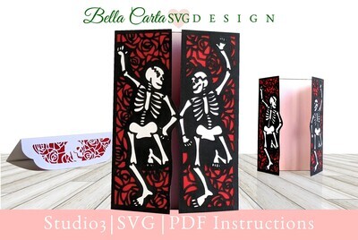 Create a unique gothic skeleton SVG card for someone for Halloween or dia de los Muertos with this digital Cricut project template. Instantly download this digital SVG file and make it yourself with your Cricut, Silhouette, or other cutting machine. This gate-folded card depicts two skeletons dancing against a gothic, stained-glass-like background of roses. The included lined envelope template includes a skull against roses on the closure flap. As designed, the template makes a 5-inch by 7-inch gate-folded card and includes a coordinating A7 size envelope template with a liner.