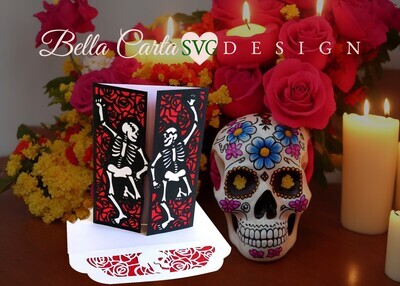Create a unique gothic skeleton SVG card for someone for Halloween or dia de los Muertos with this digital Cricut project template. Instantly download this digital SVG file and make it yourself with your Cricut, Silhouette, or other cutting machine. This gate-folded card depicts two skeletons dancing against a gothic, stained-glass-like background of roses. The included lined envelope template includes a skull against roses on the closure flap. As designed, the template makes a 5-inch by 7-inch gate-folded card and includes a coordinating A7 size envelope template with a liner.