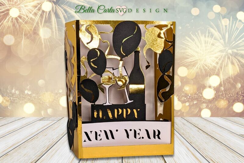 Create a unique 3D shadow box card depicting a midnight champagne toast with gold and black balloons using this digital SVG template. Instantly download to make a unique and memorable card for the New Year using your Cricut, Silhouette or other cutting machine. The card back provides plenty of room to write a personal message. This beautiful hand-made paper card fits into the coordinated themed envelope template included with your purchase.