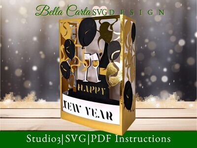 Create a unique 3D shadow box card depicting a midnight champagne toast with gold and black balloons using this digital SVG template. Instantly download to make a unique and memorable card for the New Year using your Cricut, Silhouette or other cutting machine. The card back provides plenty of room to write a personal message. This beautiful hand-made paper card fits into the coordinated themed envelope template included with your purchase.