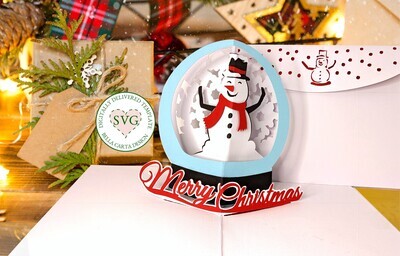 Create a whimsical pop-up snow globe card with this SVG template. Instantly download this digital template and use your Cricut, Silhouette or other cutting machine to make a unique and memorable holiday card or gift. Makes a 5 X 7 card with four pop-up features when opened. A coordinated snowman envelope template is included with your purchase.