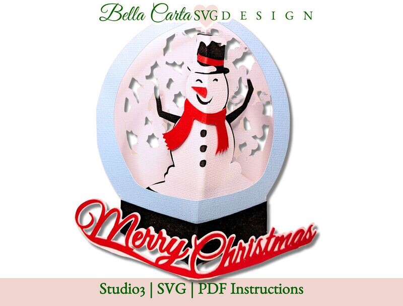 Create a whimsical pop-up snow globe card with this SVG template. Instantly download this digital template and use your Cricut, Silhouette or other cutting machine to make a unique and memorable holiday card or gift. Makes a 5 X 7 card with four pop-up features when opened. A coordinated snowman envelope template is included with your purchase.