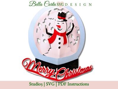 Create a whimsical pop-up snow globe card with this SVG template. Instantly download this digital template and use your Cricut, Silhouette or other cutting machine to make a unique and memorable holiday card or gift. Makes a 5 X 7 card with four pop-up features when opened. A coordinated snowman envelope template is included with your purchase.