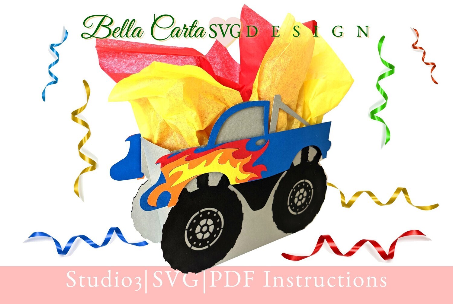 Make a Monster Truck Gift Box with this 3D SVG file for Cricut or Silhouette. This Cricut project template makes a gift box for a special birthday. The outside the box measures 11 inches wide by 8 inches tall by 3 inches deep. The inside area measures 9.25 inches wide by 6 inches tall by 3 inches deep, and can be scaled to any size.