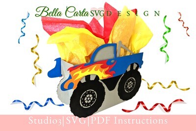Make a Monster Truck Gift Box with this 3D SVG file for Cricut or Silhouette. This Cricut project template makes a gift box for a special birthday. The outside the box measures 11 inches wide by 8 inches tall by 3 inches deep. The inside area measures 9.25 inches wide by 6 inches tall by 3 inches deep, and can be scaled to any size.