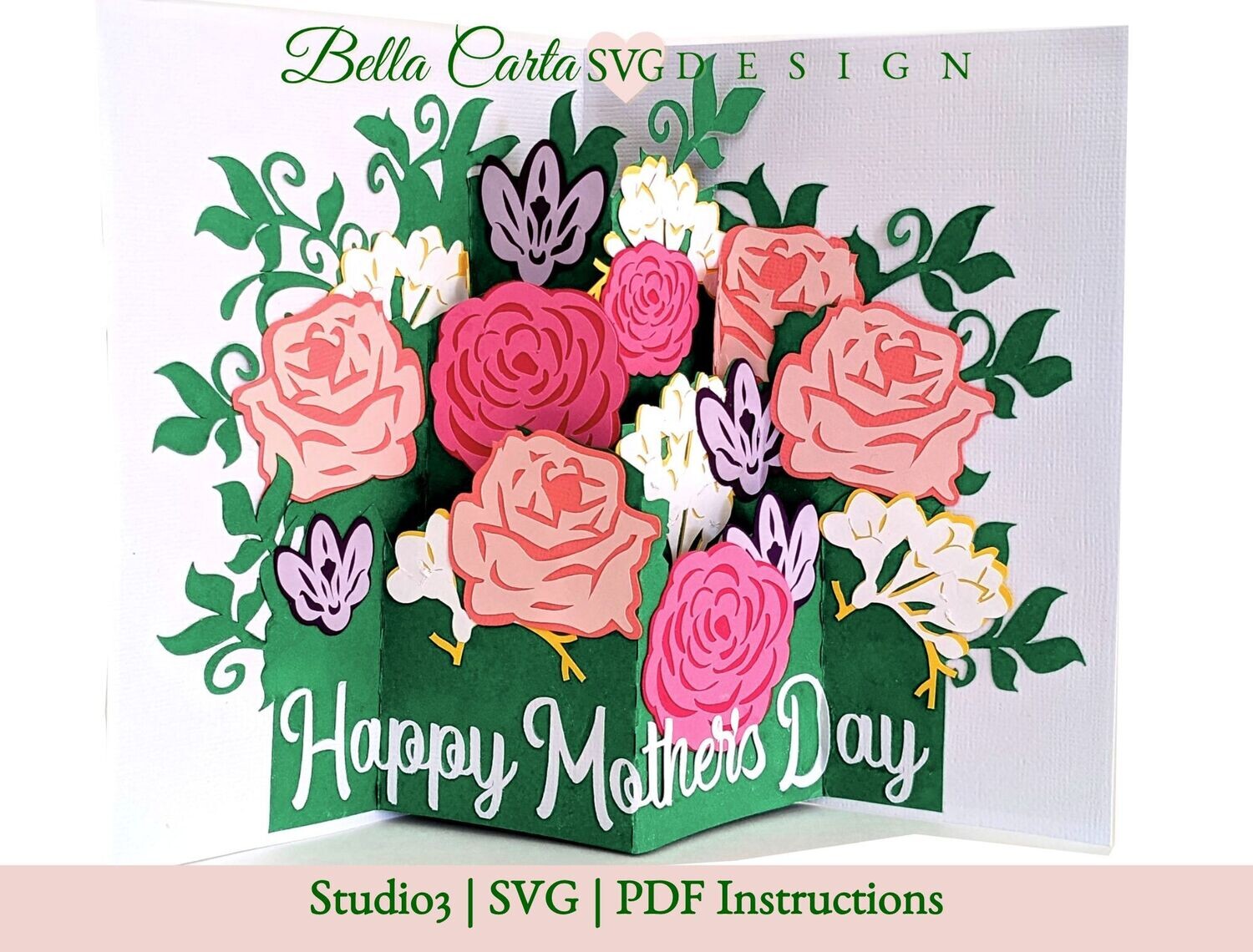 Craft a pop-up bouquet of flowers using this 3D SVG card template and a Cricut, Silhouette, or other cutting machine. This 3D paper project makes a pop-up featuring three layers of flowers in a stunning flower bouquet. It is perfect for a birthday, graduation, wedding, engagement, or Mother's Day. The front of the card says Flowers for You and the template comes with the messages "Happy Birthday", "Happy Mother's Day" and "Congratulations" for the inside.  The finished card measures 7 inches tall by 5 inches wide when closed and includes a matching decorated envelope. 