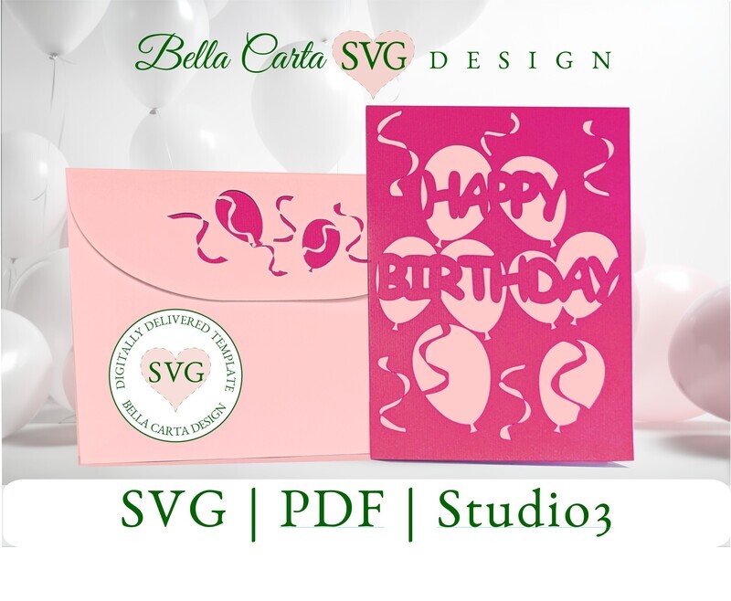 Craft an easy and festive birthday card using this 3D SVG template and your Cricut Joy, Silhouette or other cutting machine. This hand-made paper card depicts several cutout balloons and streamers, along with the words &quot;Happy Birthday&quot;.  It comes with a coordinated themed envelope. Customize it with your choice of colors.  Don&#39;t have a cutting machine? a PDF version is also available.