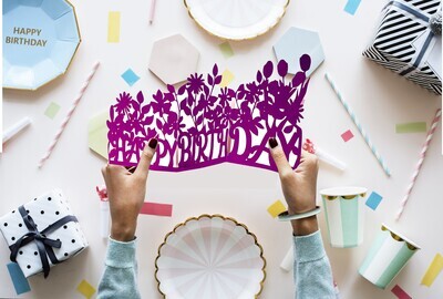 Create a fun and unique birthday card‚ using this 3D SVG template and a Cricut, Silhouette or other cutting machine. This three-fold card says HAPPY BIRTH-DAY with many beautiful Spring Flowers. The finished size is 7 inches tall by 12 inches wide when fully open.  It collapses to fit into the custom A7 (5 by 7-inch) envelope, included.