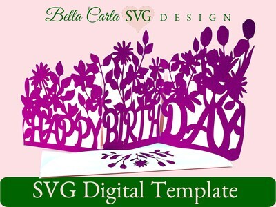 Create a fun and unique birthday card‚ using this 3D SVG template and a Cricut, Silhouette or other cutting machine. This three-fold card says HAPPY BIRTH-DAY with many beautiful Spring Flowers. The finished size is 7 inches tall by 12 inches wide when fully open.  It collapses to fit into the custom A7 (5 by 7-inch) envelope, included.