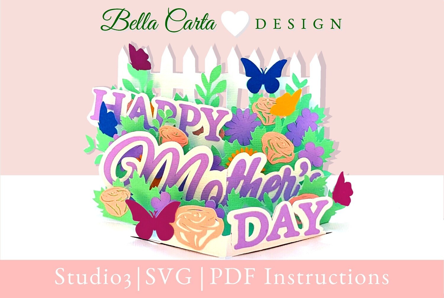 Create a beautiful 3D SVG pop-up card with a garden full of flowers and butterflies that says Happy Mother&#39;s Day. Instantly download this digital SVG template and use your Cricut, Silhouette or other cutting machine to make a memorable and interactive card. Makes a 5 X 7 card with SEVEN pop-up garden elements. A coordinated envelope template is included with your purchase.