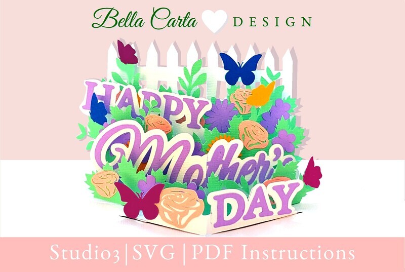 Create a beautiful 3D SVG pop-up card with a garden full of flowers and butterflies that says Happy Mother&#39;s Day. Instantly download this digital SVG template and use your Cricut, Silhouette or other cutting machine to make a memorable and interactive card. Makes a 5 X 7 card with SEVEN pop-up garden elements. A coordinated envelope template is included with your purchase.