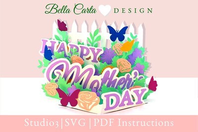 Create a beautiful 3D SVG pop-up card with a garden full of flowers and butterflies that says Happy Mother&#39;s Day. Instantly download this digital SVG template and use your Cricut, Silhouette or other cutting machine to make a memorable and interactive card. Makes a 5 X 7 card with SEVEN pop-up garden elements. A coordinated envelope template is included with your purchase.