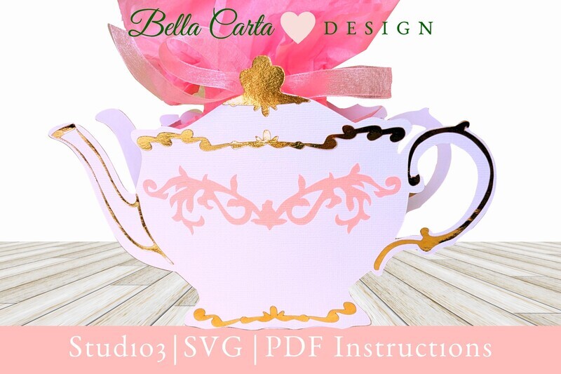 Create a unique box for that special small gift or gift card using this digital SVG template. Instantly download this digital template for our Teapot 3D Gift Box SVG and use your Cricut, Silhouette, or another cutting machine to make a gift box that will be remembered. The best gifts come in small packages. In this case, the package is part of the gift. The finished box measures 4.5 inches tall by 7.25 inches wide by 2.5 inches deep (front to back). The inside capacity of the box is 4 inches by 3 inches. It is just big enough for that special small gift.