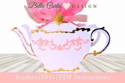 Create a unique box for that special small gift or gift card using this digital SVG template. Instantly download this digital template for our Teapot 3D Gift Box SVG and use your Cricut, Silhouette, or another cutting machine to make a gift box that will be remembered. The best gifts come in small packages. In this case, the package is part of the gift. The finished box measures 4.5 inches tall by 7.25 inches wide by 2.5 inches deep (front to back). The inside capacity of the box is 4 inches by 3 inches. It is just big enough for that special small gift.