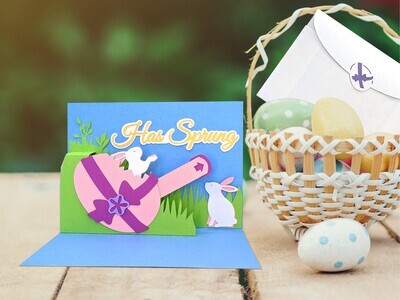 This is a finished pop up Easter Card made with a 3D SVG and a Cricut, Silhouette or another cutting machine. Not only does this card pop-up, but a bunny POPS out of an Easter egg when you pull the tab! The finished card measures 7 inches tall by 5 inches wide and the SVG template comes with a coordinating A7 envelope with an Easter Egg insert decoration. 