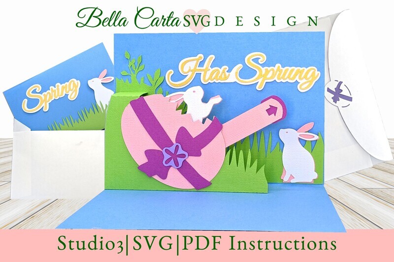 This is a finished pop up Easter Card made with a 3D SVG and a Cricut, Silhouette or another cutting machine. Not only does this card pop-up, but a bunny POPS out of an Easter egg when you pull the tab! The finished card measures 7 inches tall by 5 inches wide and the SVG template comes with a coordinating A7 envelope with an Easter Egg insert decoration. 