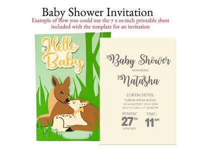 The Woodland Baby Invitation or Card 3D SVG is designed for your Cricut, Silhouette or other cutting machine.  It makes a 5 by 7-inch card or invitation that will delight everyone who sees it. The front of the card says Hello Baby and shows a newborn baby deer cuddling with its mother in the forest. It is blank on the inside and includes an extra 5 X 10-inch insert that can be printed for an invitation or announcement. It includes a coordinated themed envelope template with a baby deer detail. 