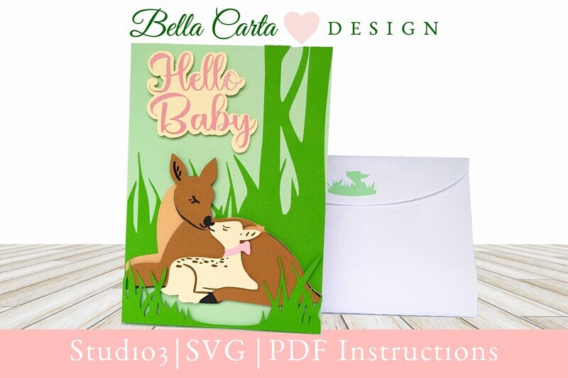 The Woodland Baby Invitation or Card 3D SVG is designed for your Cricut, Silhouette or other cutting machine.  It makes a 5 by 7-inch card or invitation that will delight everyone who sees it. The front of the card says Hello Baby and shows a newborn baby deer cuddling with its mother in the forest. It is blank on the inside and includes an extra 5 X 10-inch insert that can be printed for an invitation or announcement. It includes a coordinated themed envelope template with a baby deer detail. 