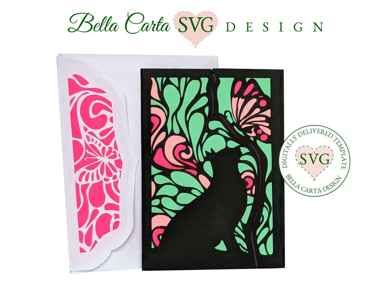 Create a unique layered SVG card for a birthday, Mothers Day, thank you, or just because with this digital Cricut project template. Instantly download this digital SVG file and make it yourself with your Cricut, Silhouette or other cutting machine. This 4.5 by 6.25-inch gatefold card project features a Cat and Butterfly looking at one another against an Art Nouveau stained-glass-like background. This beautiful DIY paper butterfly SVG card fits into the coordinated envelope template included with your purchase. 