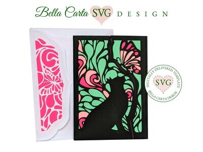 Create a unique layered SVG card for a birthday, Mothers Day, thank you, or just because with this digital Cricut project template. Instantly download this digital SVG file and make it yourself with your Cricut, Silhouette or other cutting machine. This 4.5 by 6.25-inch gatefold card project features a Cat and Butterfly looking at one another against an Art Nouveau stained-glass-like background. This beautiful DIY paper butterfly SVG card fits into the coordinated envelope template included with your purchase. 