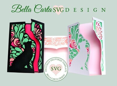 Create a unique layered SVG card for a birthday, Mothers Day, thank you, or just because with this digital Cricut project template. Instantly download this digital SVG file and make it yourself with your Cricut, Silhouette or other cutting machine. This 4.5 by 6.25-inch gatefold card project features a Cat and Butterfly looking at one another against an Art Nouveau stained-glass-like background. This beautiful DIY paper butterfly SVG card fits into the coordinated envelope template included with your purchase. 