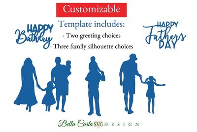 Create a unique 3-fold card with this 3D SVG template and a Cricut, Silhouette or other cutting machine. This 4 by 7-inch card can be used for Father's Day, birthday or another special occasion. It unfolds to reveal a rugged landscape overseen by a rustic lighthouse and includes three different silhouettes of families with the words "Happy Father's Day" or "Happy Birthday". The card can be made with color layers, or with just one color to make it a simple cutting project  and includes a coordinated themed envelope.