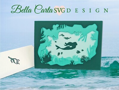 This is an undersea mermaid layered card crafted with a 3D SVG and a Cricut, Silhouette or other cutting machine.  The front of this 5 by 7-inch card can be customized to depict either a little mermaid or a playful humpback whale, along with your choice of other sea life inside a magical sea cave. It includes a themed envelope template featuring a cutout coral decoration. 