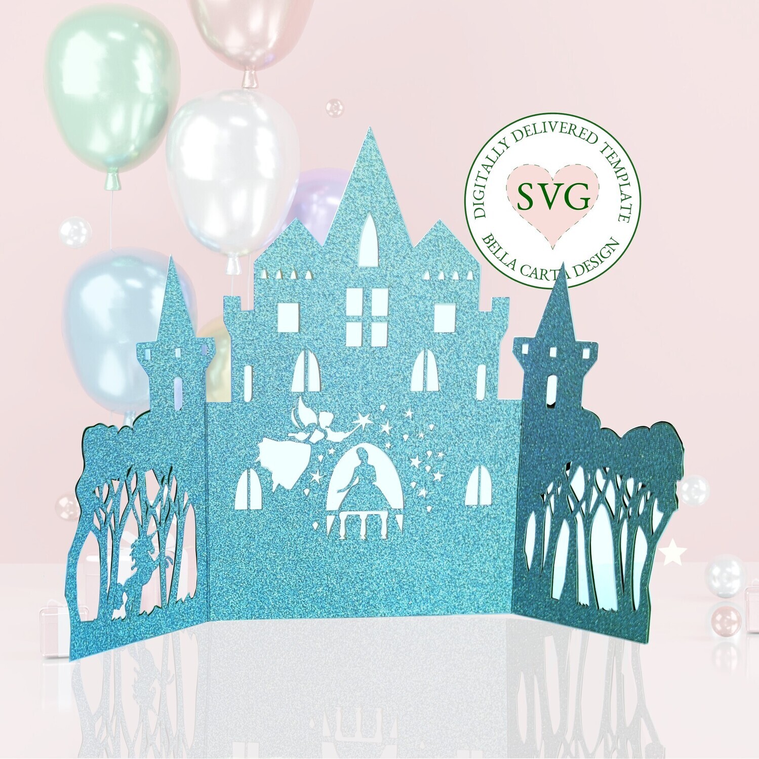 A charming card for a birthday, Quinceanera, Valentine&#39;s Day or another special day made with a 3D SVG and a Cricut, Silhouette or other cutting machine.  This charming card is cut in the shape of an enchanted castle surrounded by a forest with a unicorn. When the card is opened it reveals a fairy godmother giving a magical gift to her princess in a beautiful castle. This 5 by 7-inch card fits into the coordinated envelope template included with your purchase.
