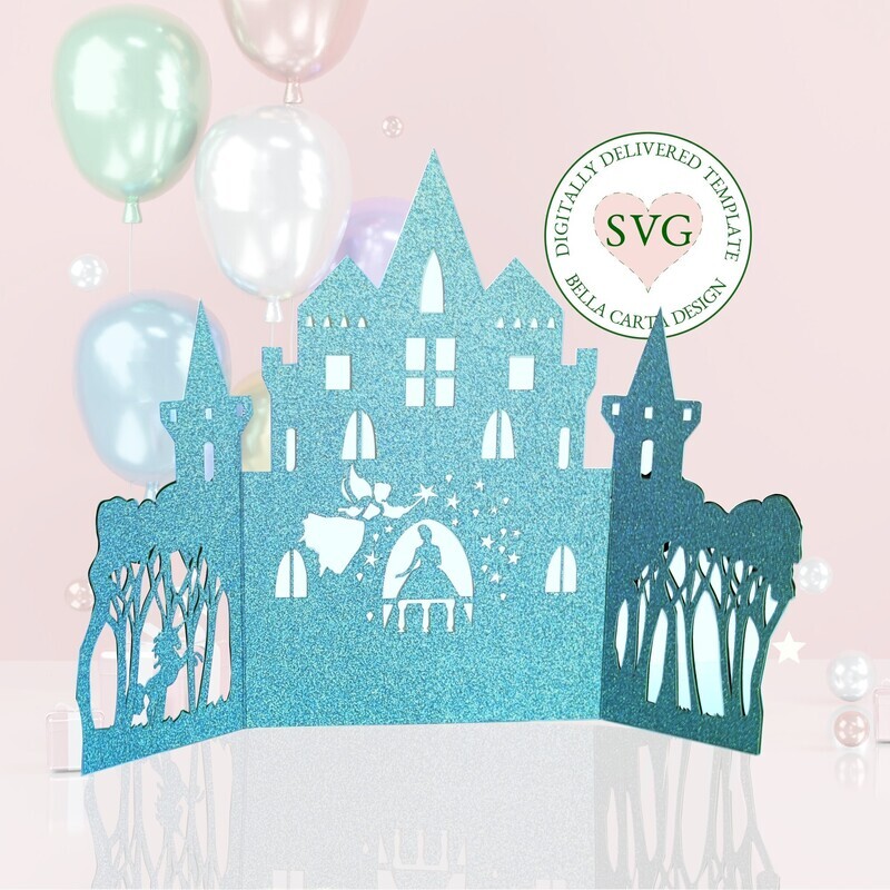 A charming card for a birthday, Quinceanera, Valentine&#39;s Day or another special day made with a 3D SVG and a Cricut, Silhouette or other cutting machine.  This charming card is cut in the shape of an enchanted castle surrounded by a forest with a unicorn. When the card is opened it reveals a fairy godmother giving a magical gift to her princess in a beautiful castle. This 5 by 7-inch card fits into the coordinated envelope template included with your purchase.