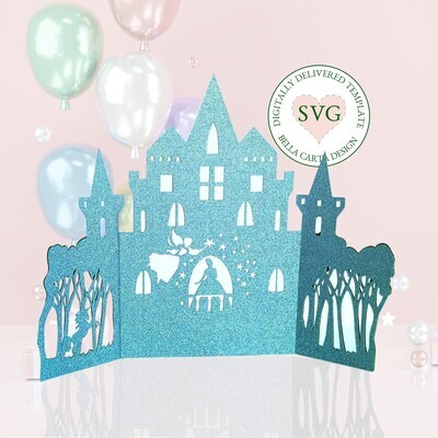A charming card for a birthday, Quinceanera, Valentine&#39;s Day or another special day made with a 3D SVG and a Cricut, Silhouette or other cutting machine.  This charming card is cut in the shape of an enchanted castle surrounded by a forest with a unicorn. When the card is opened it reveals a fairy godmother giving a magical gift to her princess in a beautiful castle. This 5 by 7-inch card fits into the coordinated envelope template included with your purchase.