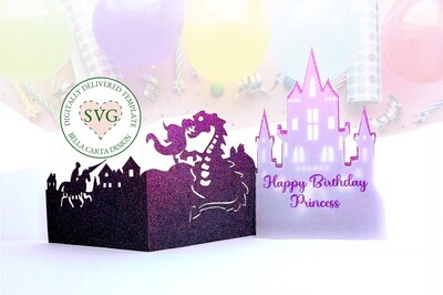 Create a unique card with this 3D SVG template and a Cricut, Silhouette, or other cutting machine. This three-sectioned folded card tells a story of a knight riding his horse into battle with a dragon to eventually find a princess in her castle. The SVG makes a 5 by 7-inch tri-folded card and includes a coordinating A7 envelope with a castle decoration, perfect for a birthday or Quinceanera.