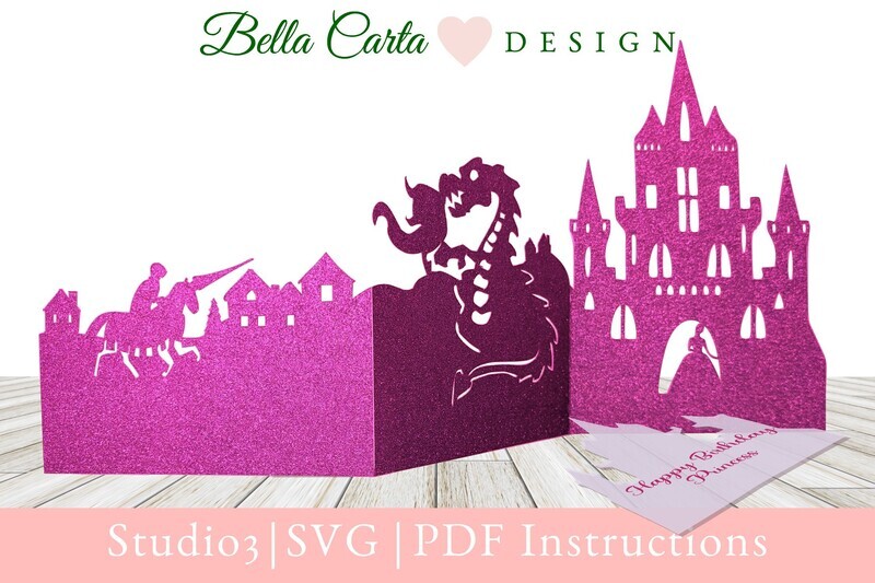 Create a unique card with this 3D SVG template and a Cricut, Silhouette, or other cutting machine. This three-sectioned folded card tells a story of a knight riding his horse into battle with a dragon to eventually find a princess in her castle. The SVG makes a 5 by 7-inch tri-folded card and includes a coordinating A7 envelope with a castle decoration, perfect for a birthday or Quinceanera.