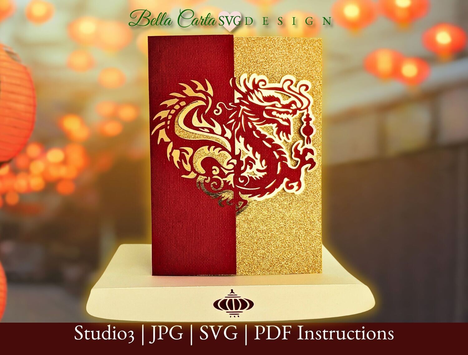 Craft a dragon card with our 3D SVG and a Cricut or Silhouette cutting machine.  It features a powerful red dragon set against a vibrant gold background. The card is blank inside, so you can create your own message for any occasion. It measures 5 by 7-inches, and has intricately cut details and festive aesthetics. Plus, you&#39;ll receive a custom A7 envelope template with a lantern detail on the closure flap.